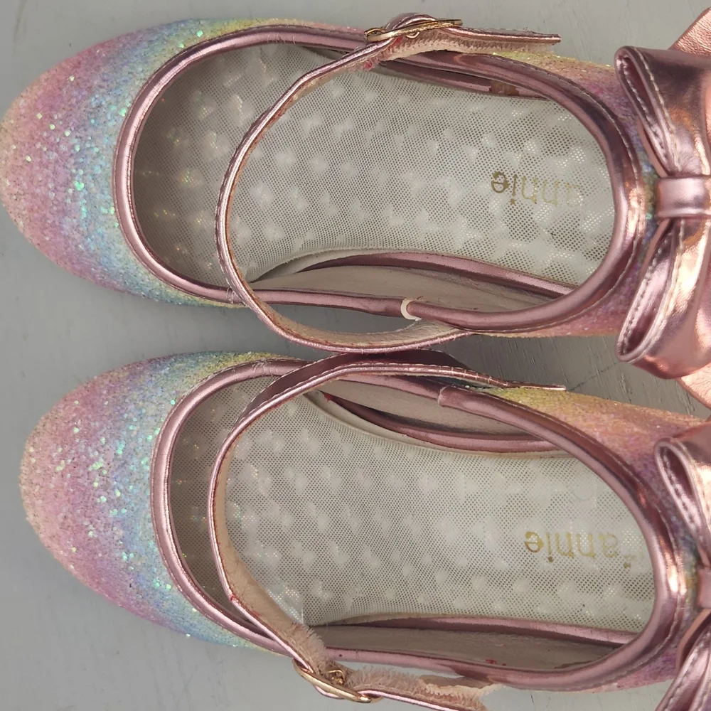 Annie Girls Size 3 Sparkly Shoes Mini Heels Bows Purple Pink Easter Spring